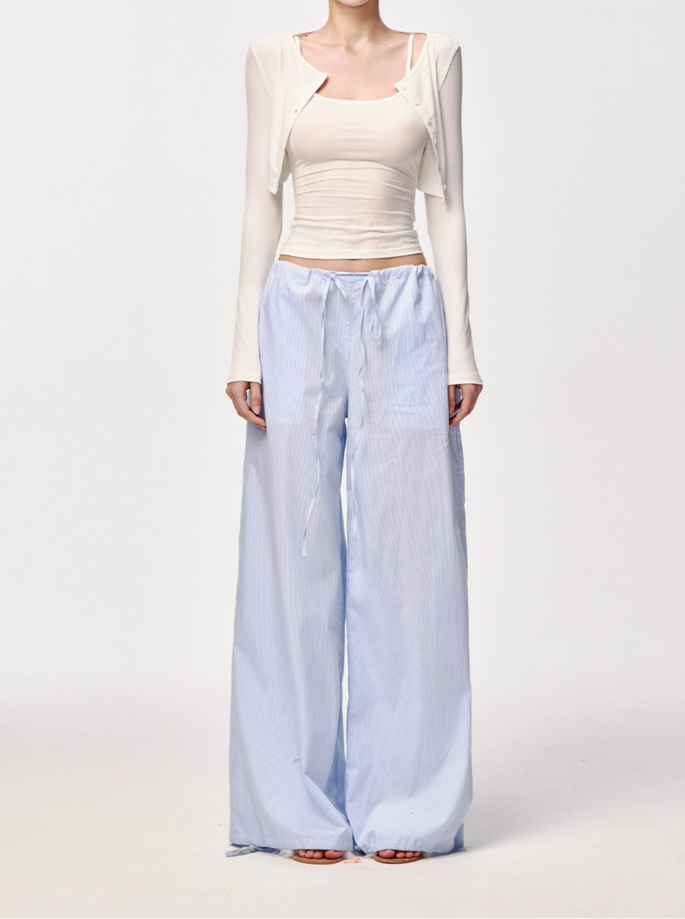 Pinstripe Wide Leg Drawstring Pants with Pockets