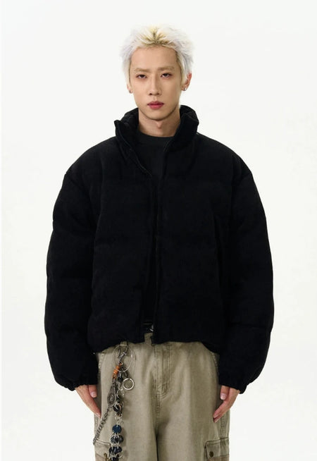 Textured Mid-Crop Puffer Jacket with Ribbed Pocket Details