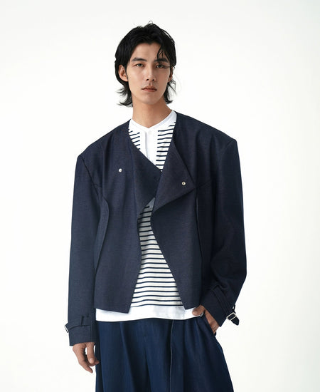 Asymmetric Button Mid Crop Jacket with Buckled Cuffs - nightcity clothing