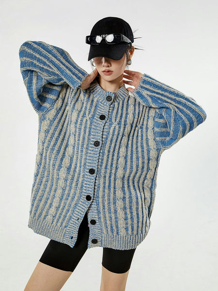 Stripe Cable Knit Pattern Button Cardigan