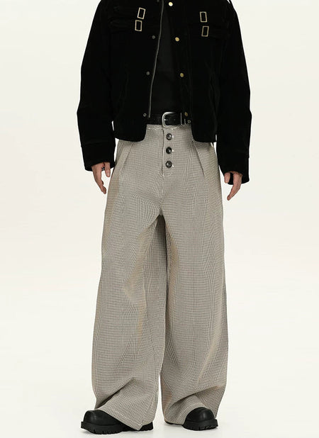 Houndstooth Pattern Button-Fly Wide Leg Trousers - nightcity clothing