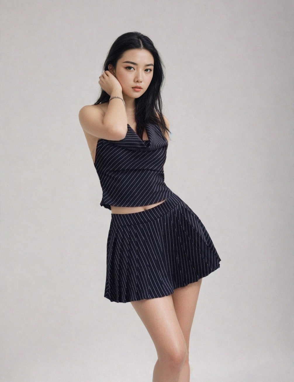 Striped Cowl-Neck Crop Top and Pleated Skirt Set