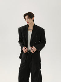 Structured Double-Breasted Blazer with Shoulder Pads and Wide Lapel