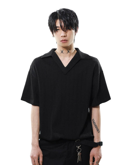 Textured Knit V-Neck Polo Collar Short Sleeve Top - nightcity clothing