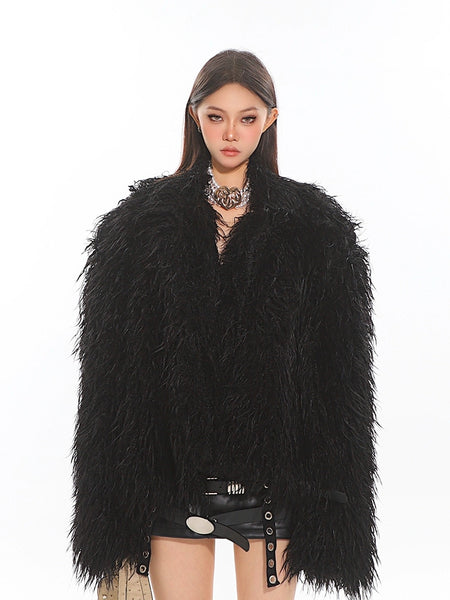 Textured Shaggy Faux Fur Collarless Coat - nightcity clothing
