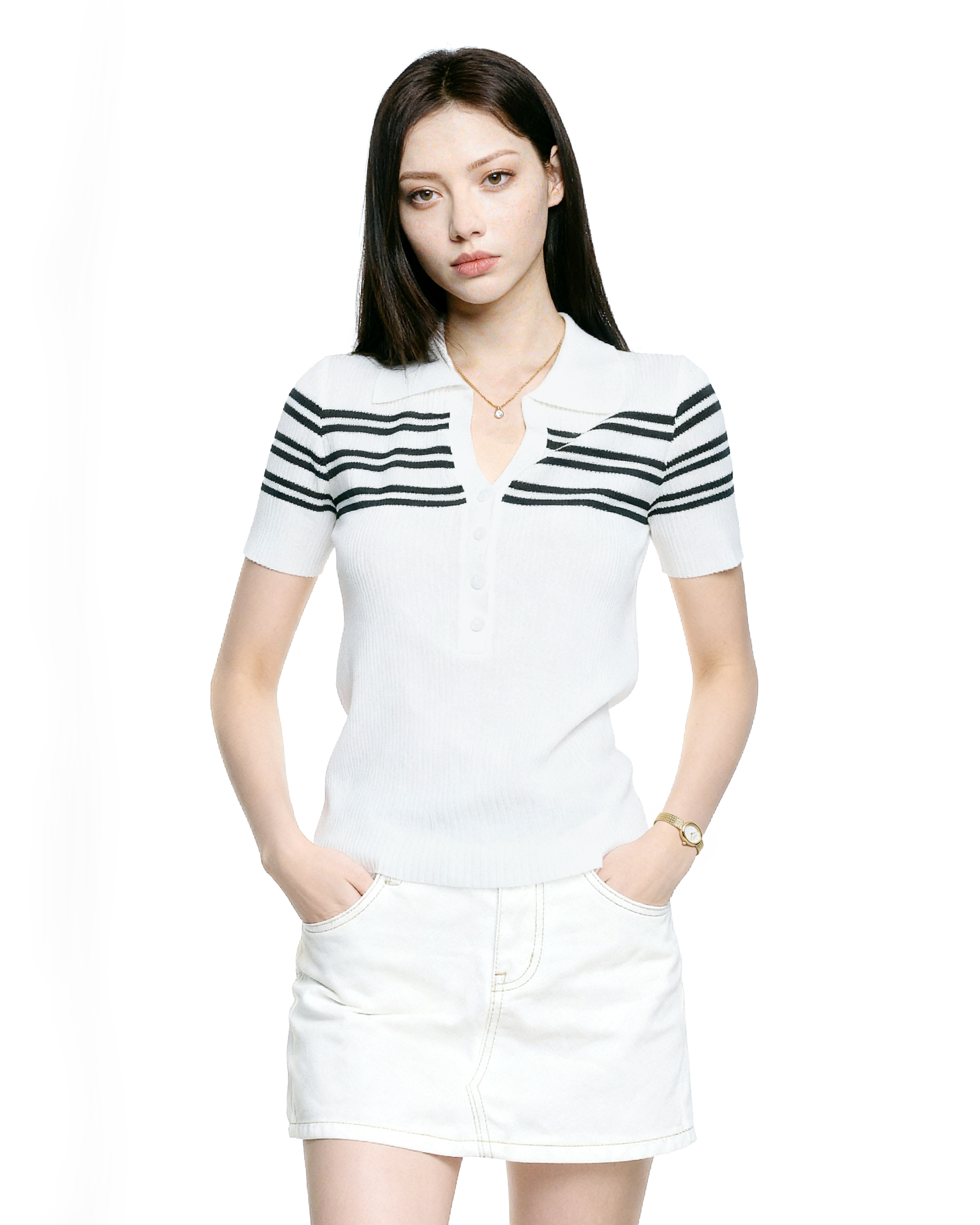 Stripe Ribbed Knit Polo Shirt with Button Detail-1