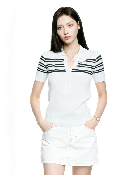 Stripe Ribbed Knit Polo Shirt with Button Detail