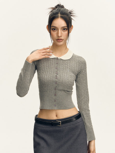Cable Knit Crop Cardigan with Contrast Collar - nightcity clothing