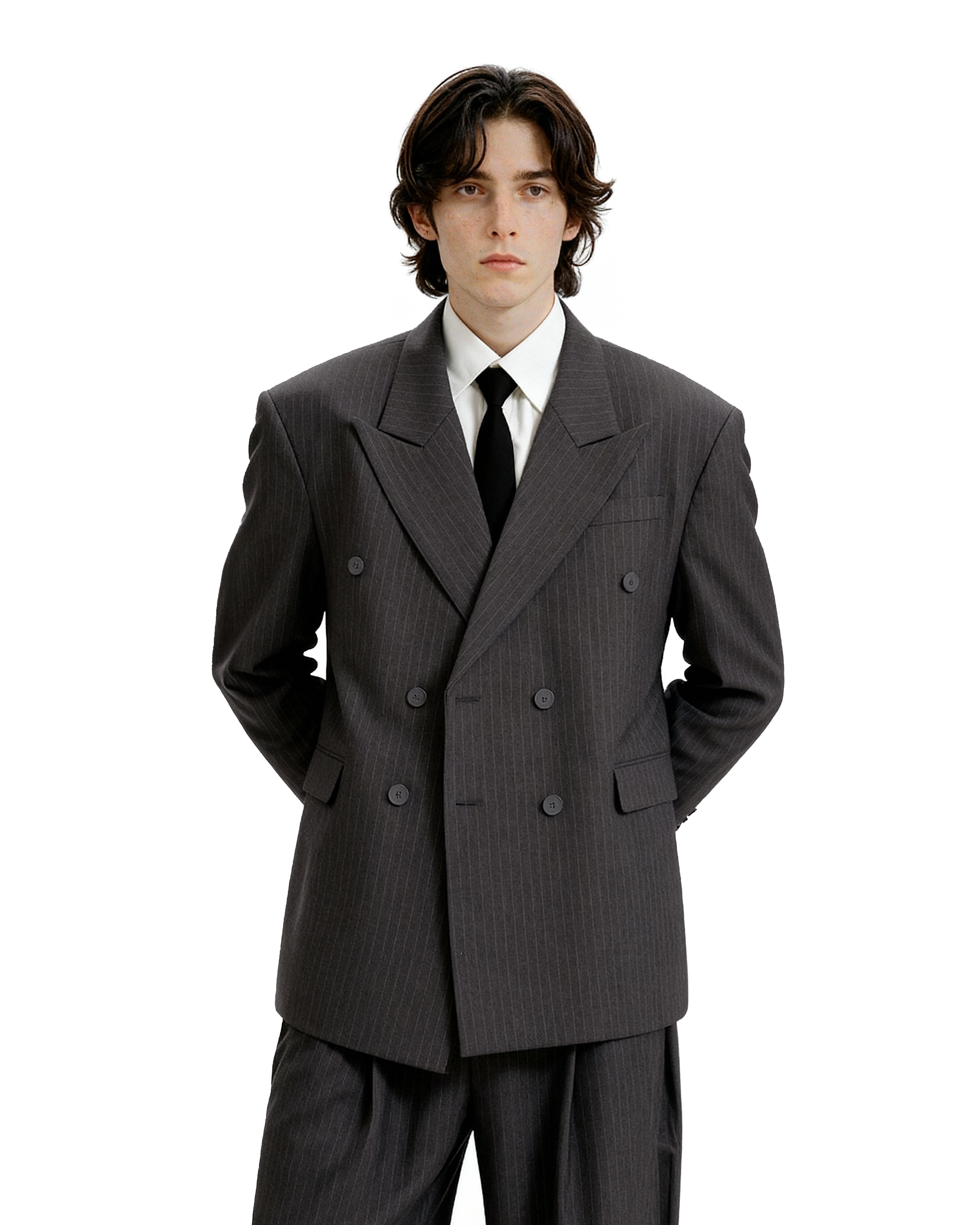 Boxy Double-Breasted Pinstripe Blazer and Wide Leg Pleated Pants Two-Piece Set - nightcity clothing