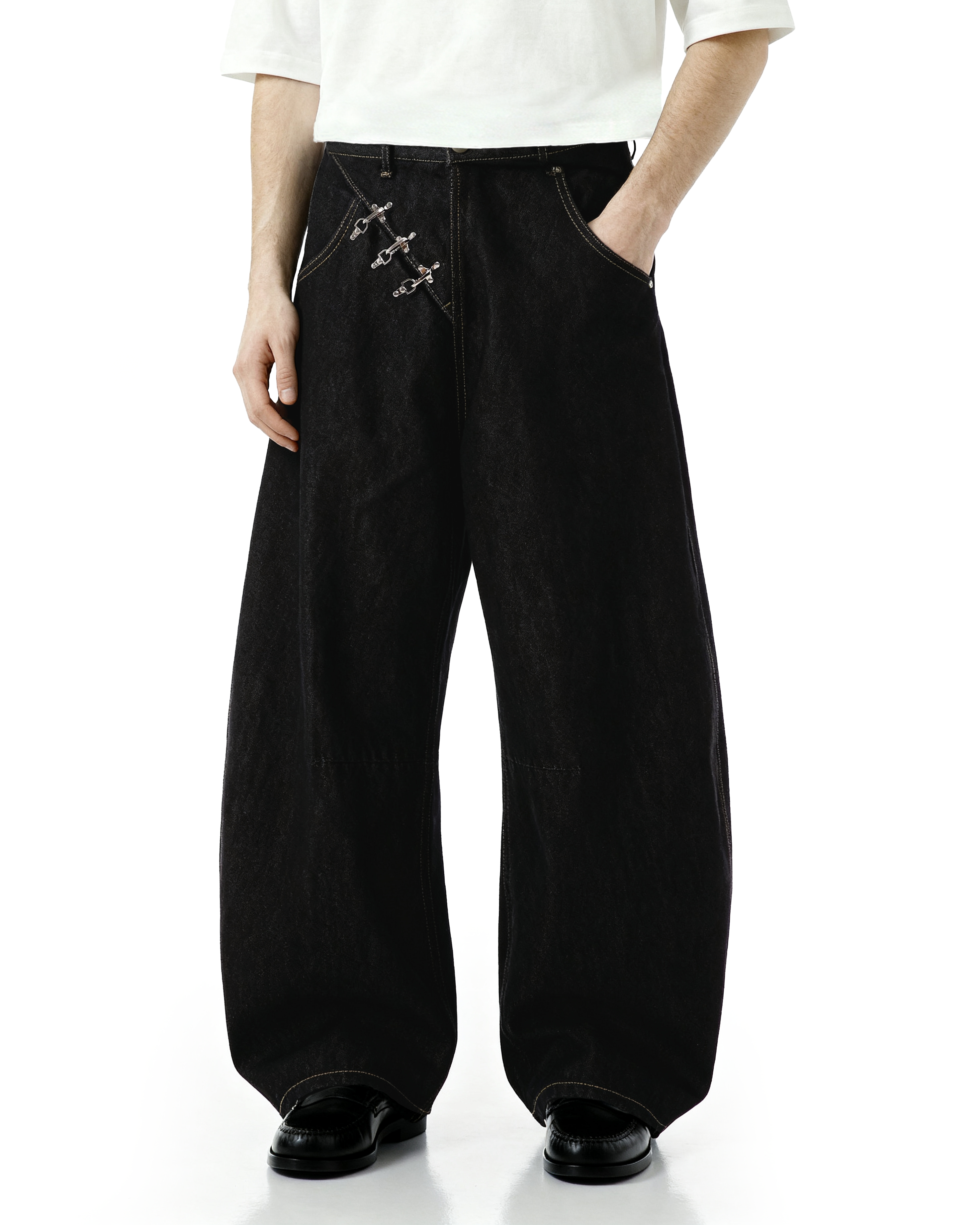 Contrast Stitch Wide Leg Jeans with Diagonal Fireman Buckles - nightcity clothing
