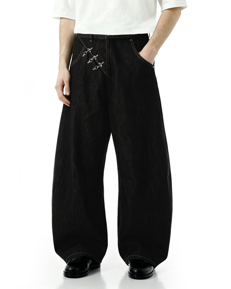 Contrast Stitch Wide Leg Jeans with Diagonal Fireman Buckles - nightcity clothing