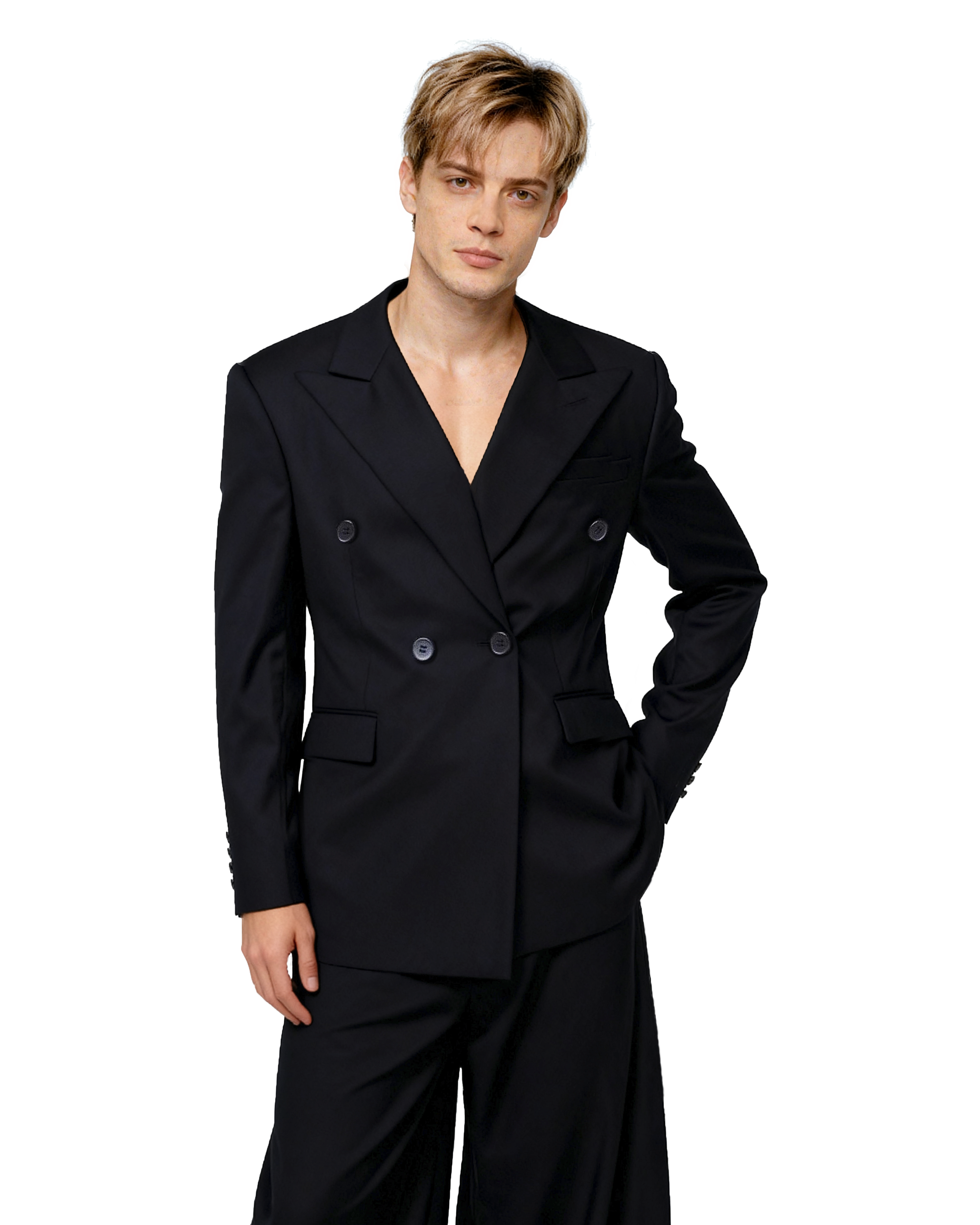Boxy Double-Breasted Blazer with Peak Lapel and Wide Leg Trousers Suit-4