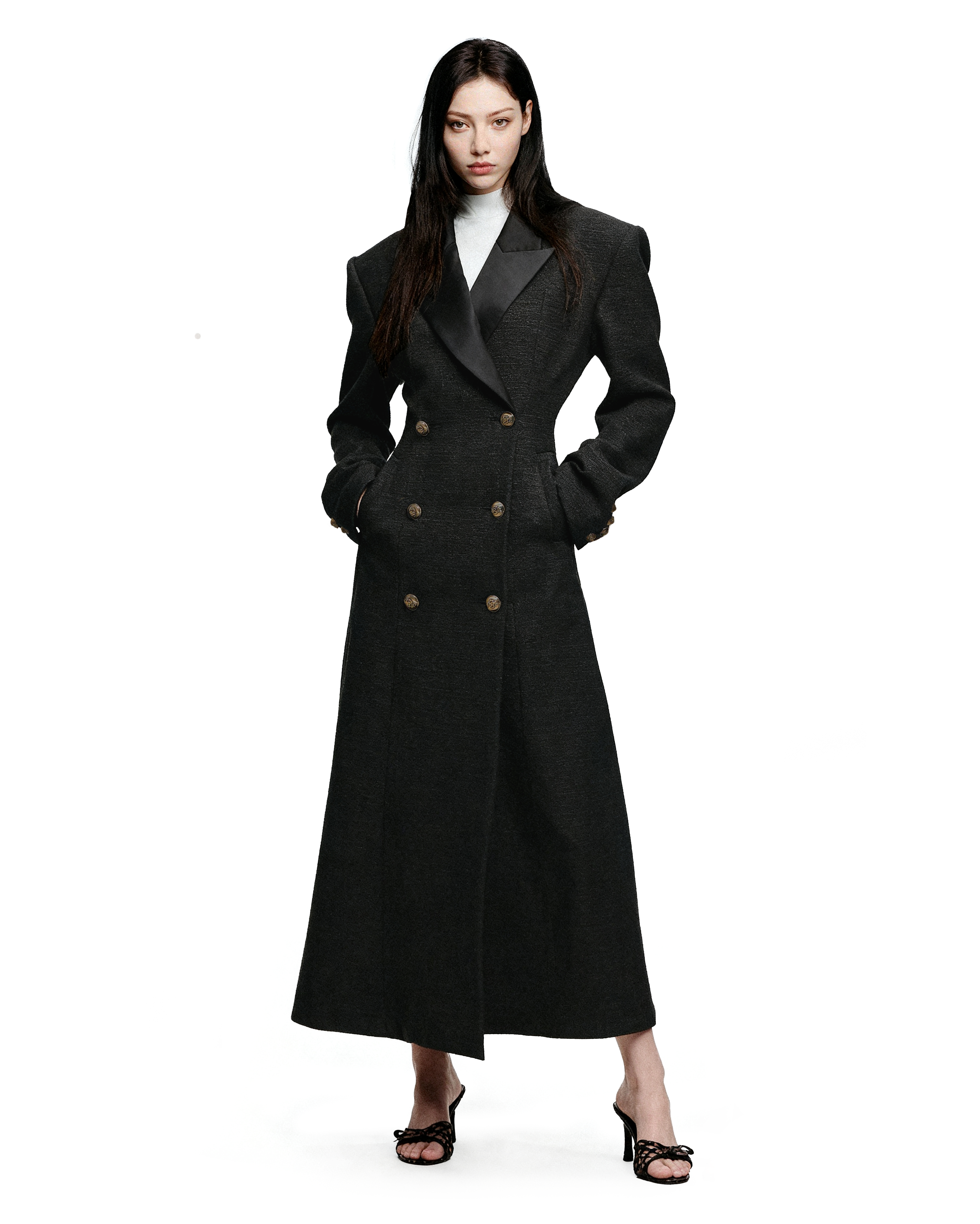 Structured Lapel Detail Double-Breasted Tweed Long Overcoat - nightcity clothing