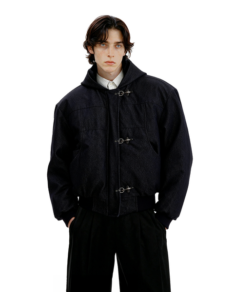 Boxy Fireman Clasp Hooded Dark-Wash Denim Zip Jacket