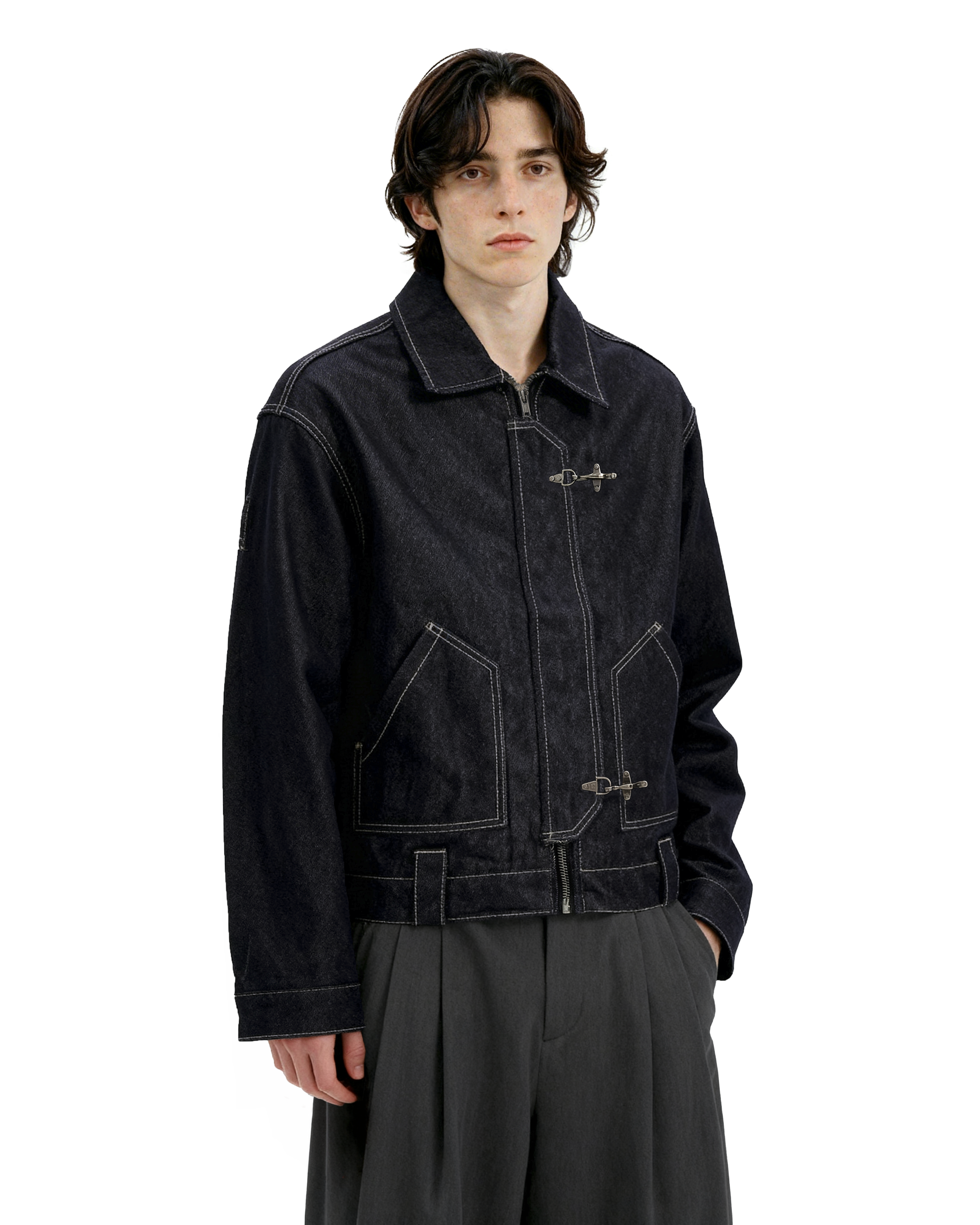 Dark Wash Fireman Clasp Mid-Crop Denim Jacket - nightcity clothing