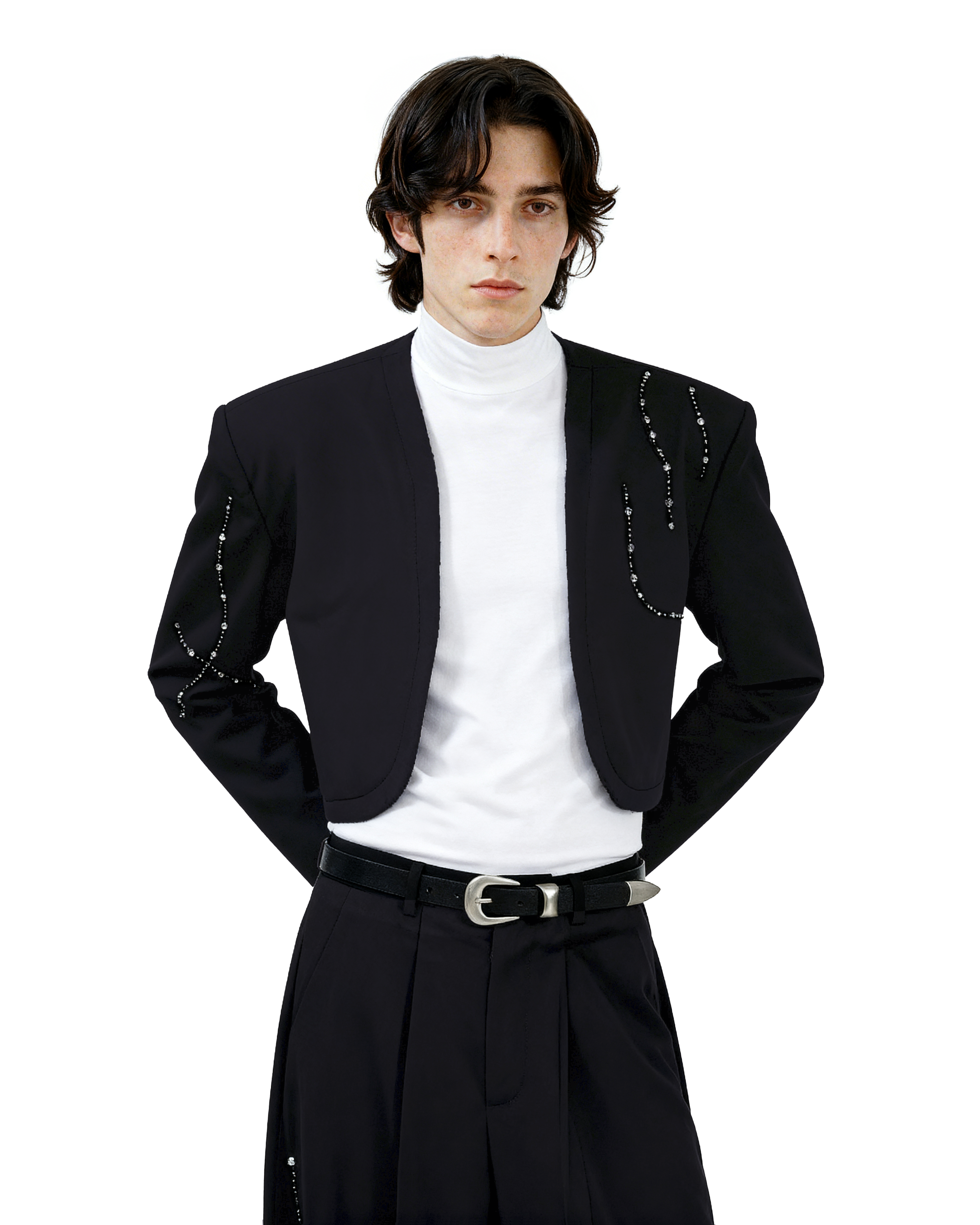 Structured Curve-Panel Cropped Blazer with Embellished Detailing and Wide Leg Pants Two-Piece Set - nightcity clothing