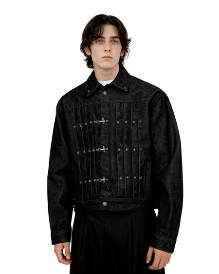 Fireman Clasp Pleated Denim Jacket with Studs - nightcity clothing