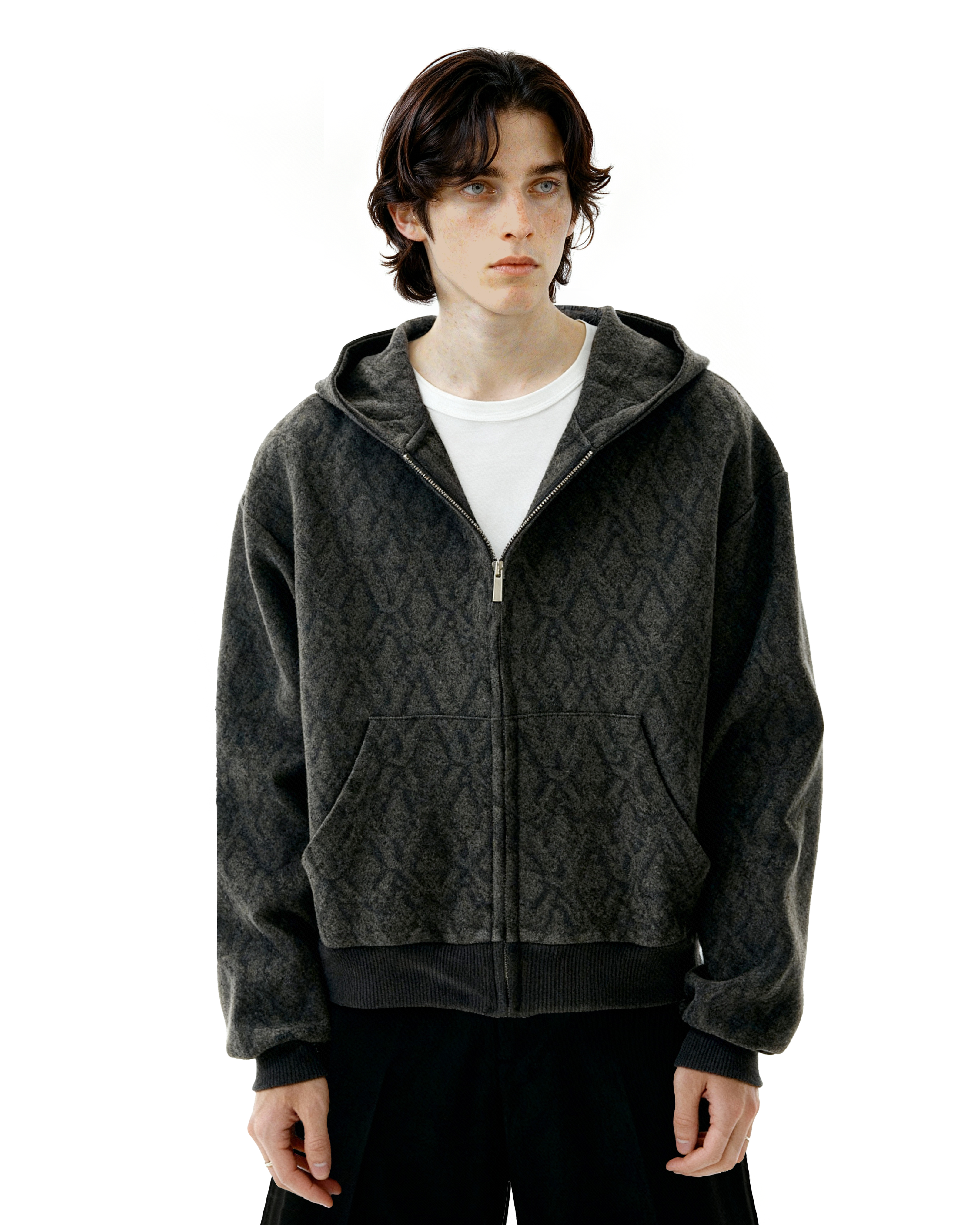 Subtle Pattern Textured Zip-Up Hoodie Jacket