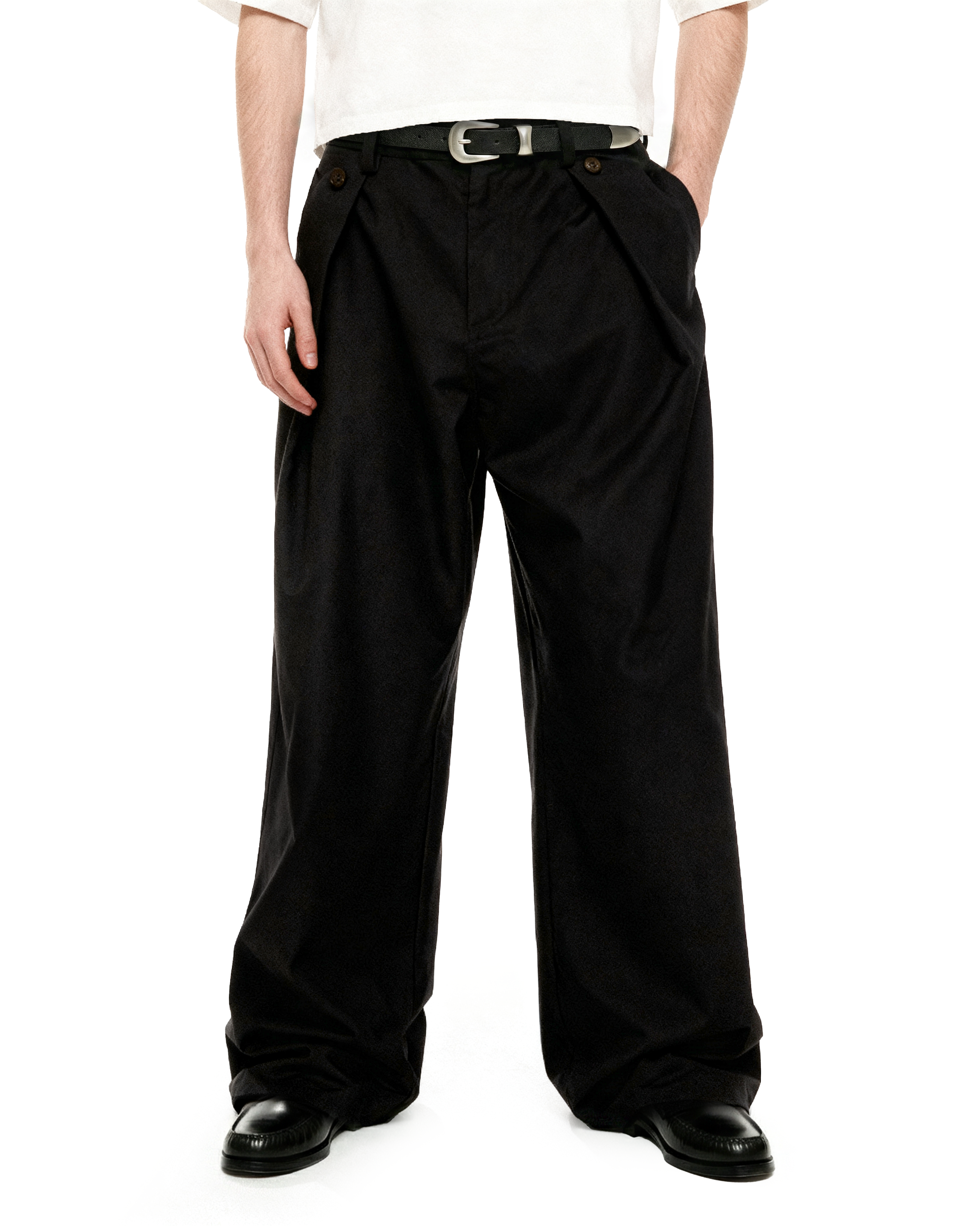 Wide Leg Pleated Pants with Side Overlay Button Panels - nightcity clothing