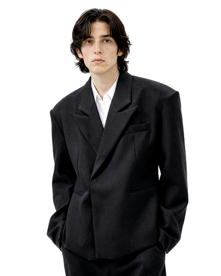 Overlap Stripe-Texture Wide Lapel Blazer and Flare Trousers Suit