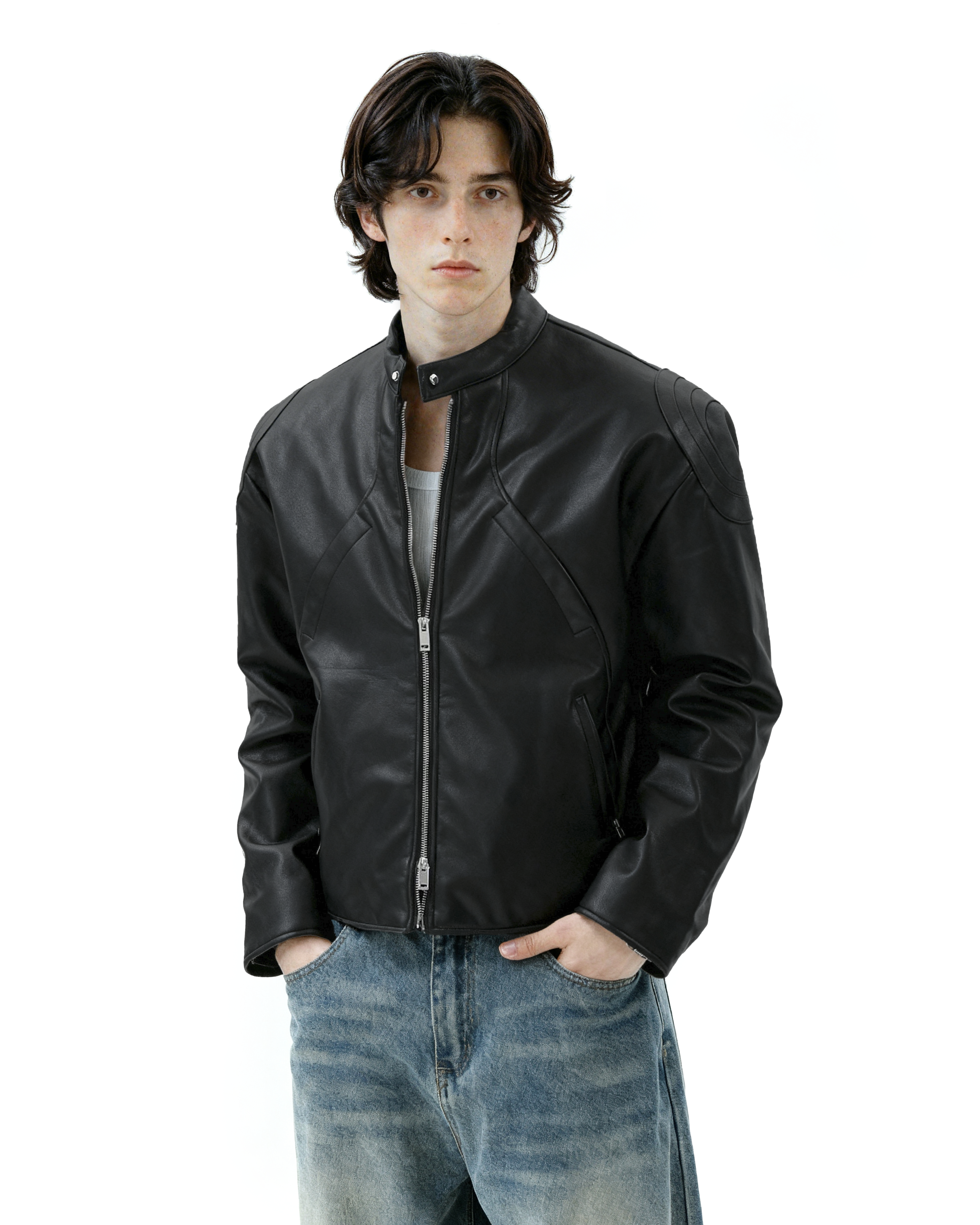 Boxy Faux Leather Racer Jacket with Zip Pockets - nightcity clothing