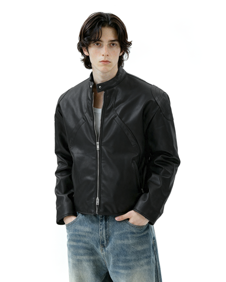 Boxy Faux Leather Racer Jacket with Zip Pockets - nightcity clothing