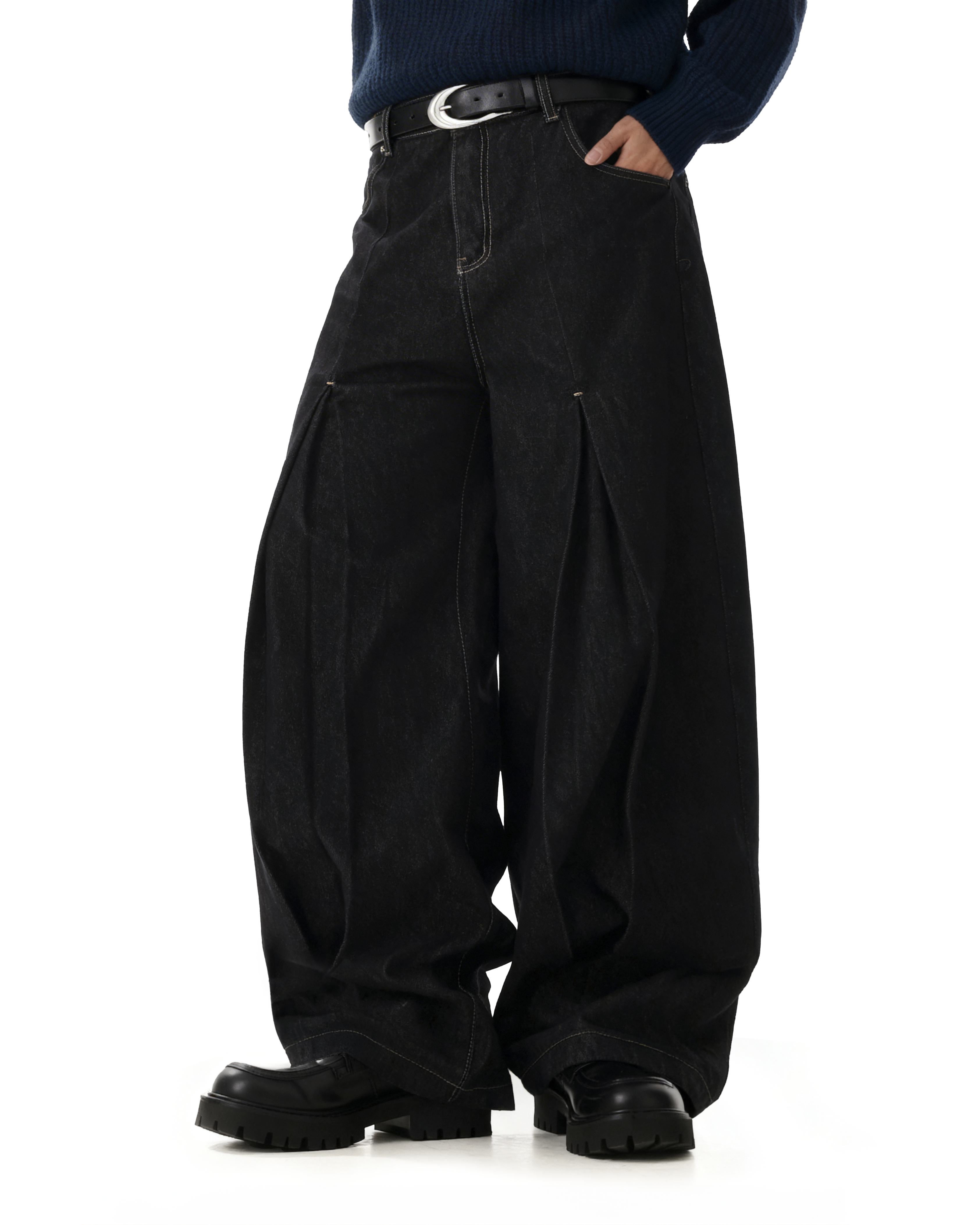 Half-Pleated Dark Wash Contrast Stitch Wide Jeans - nightcity clothing