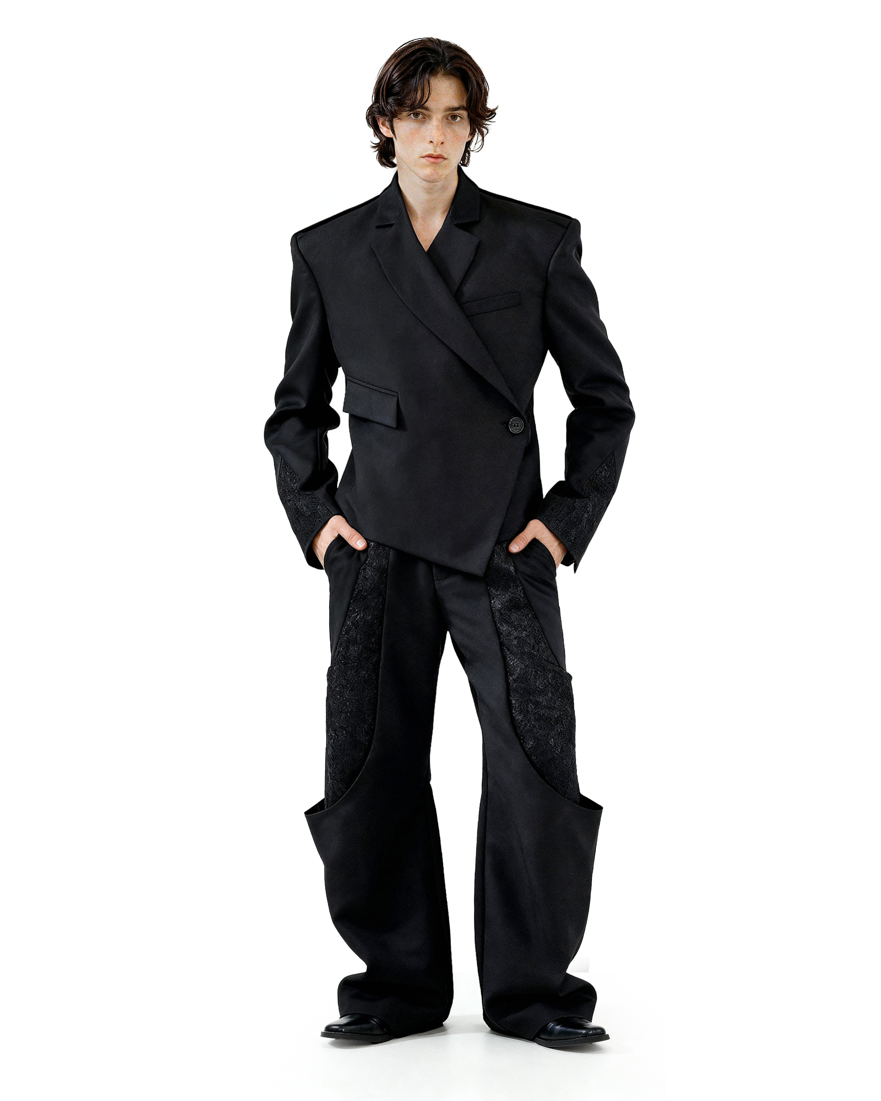 Asymmetric Overlap Button Lace Patchwork Blazer - nightcity clothing