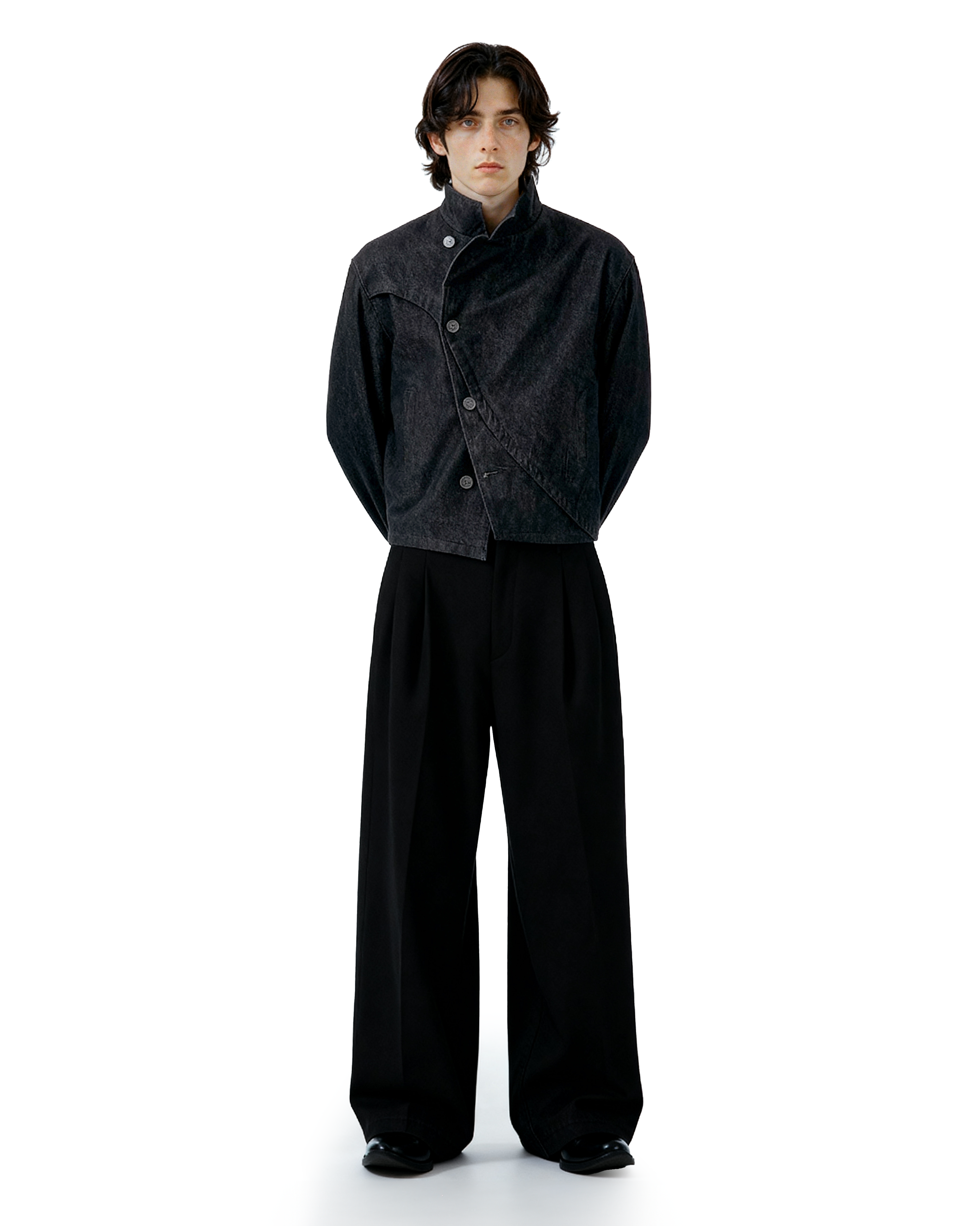 Overlap Asymmetric-Button Fencing Denim Jacket - nightcity clothing