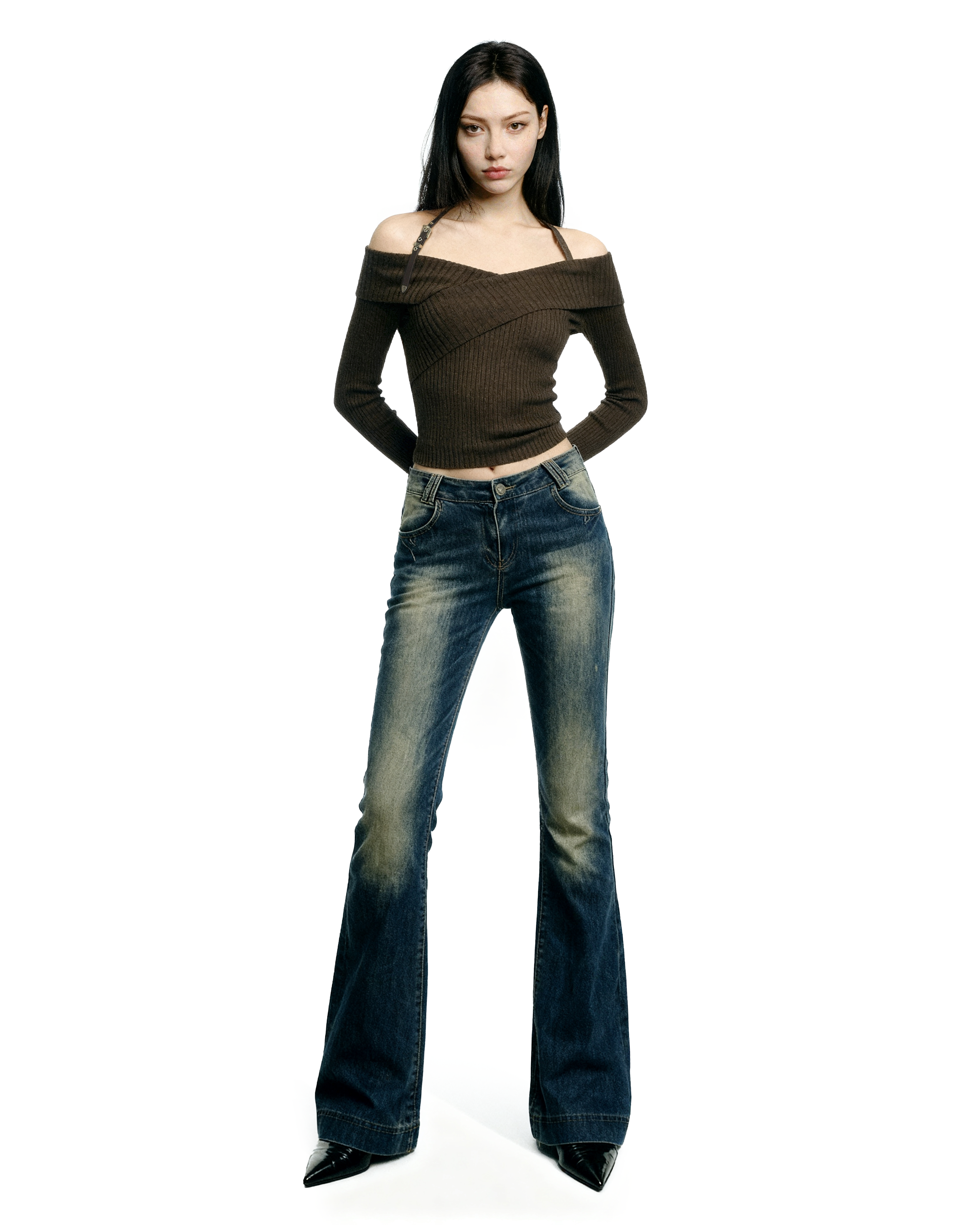 Halter Neck Ribbed Knit Long Sleeve Top - nightcity clothing