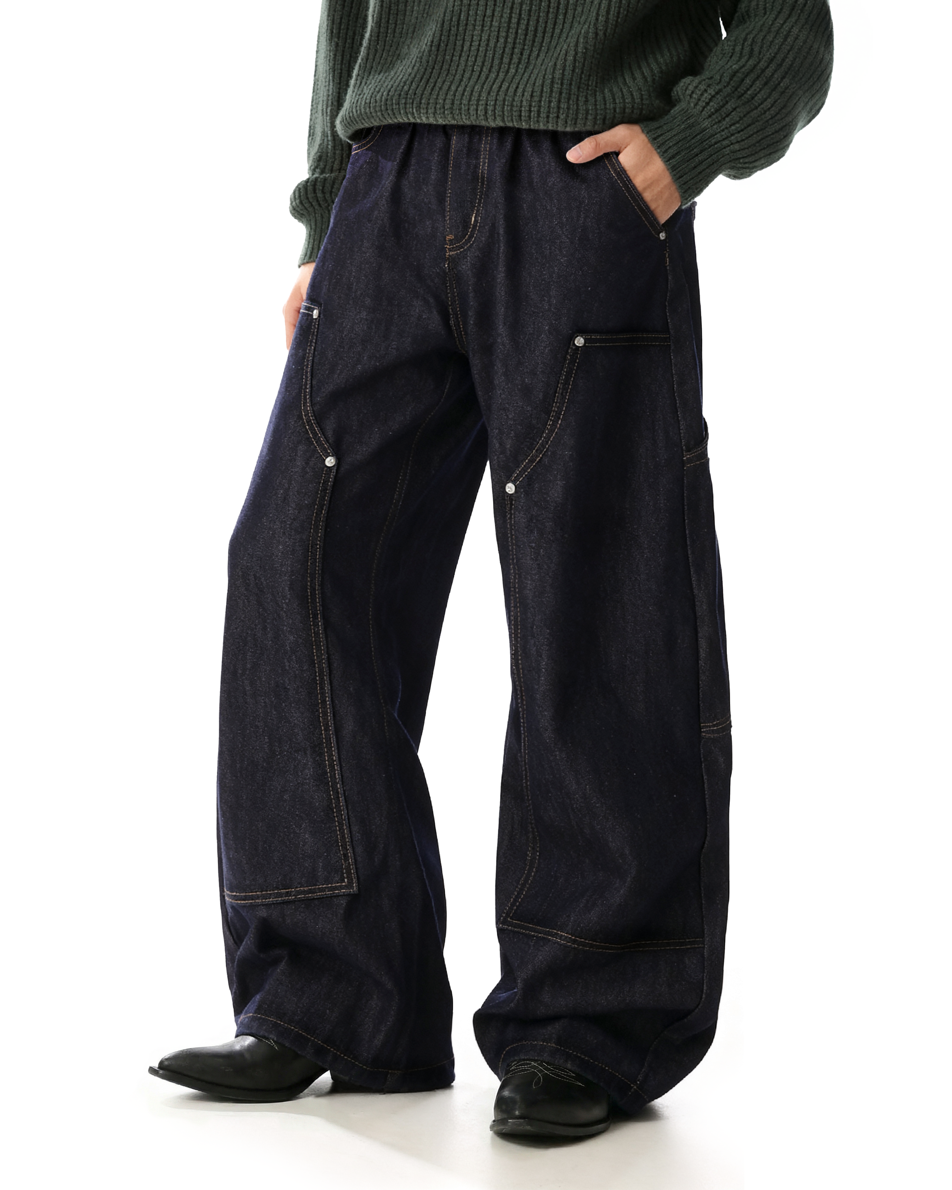 Rivet Detail Wide Leg Contrast Stitch Utility Jeans - nightcity clothing