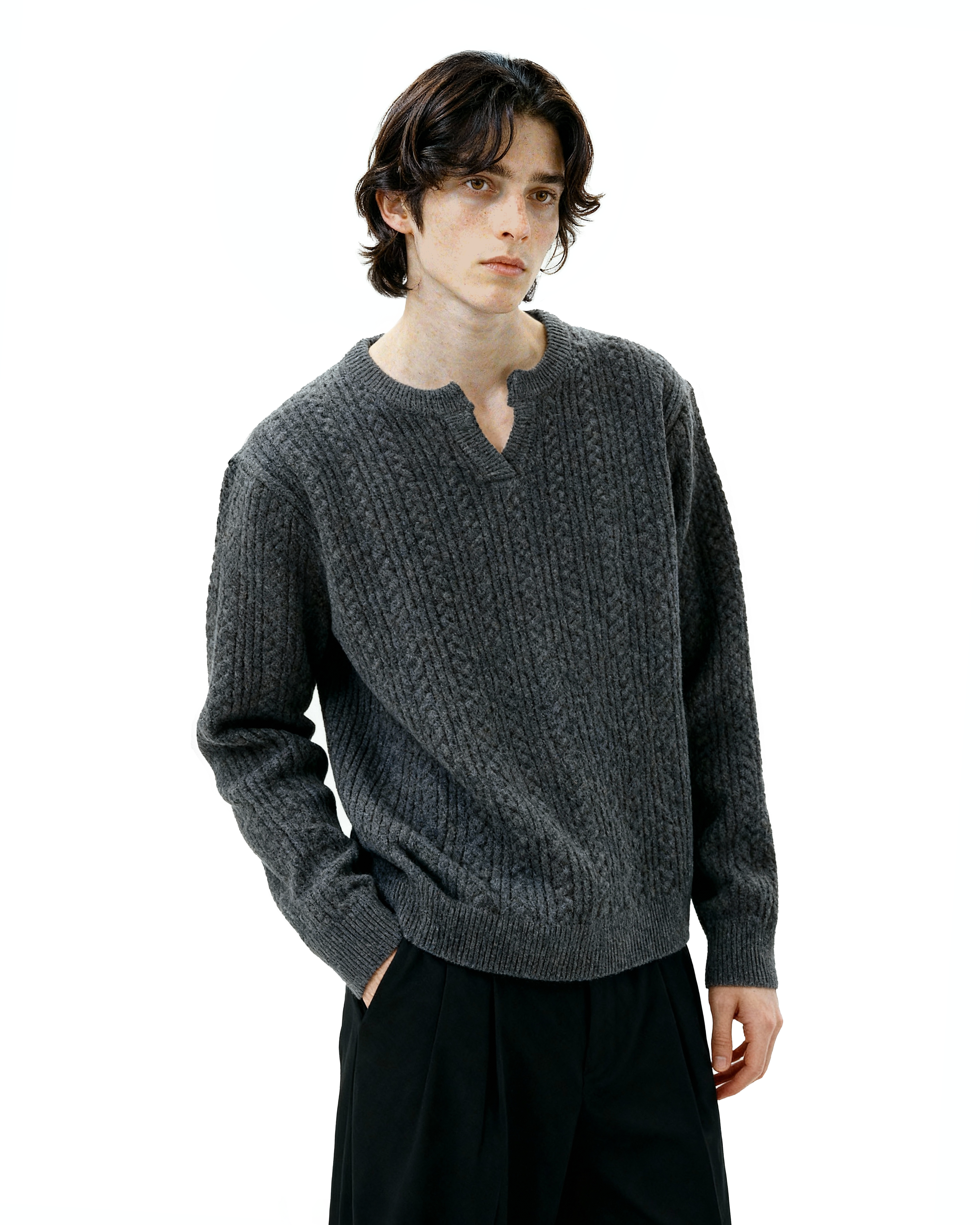 Cable Knit Notch-Neck Henley Pullover - nightcity clothing