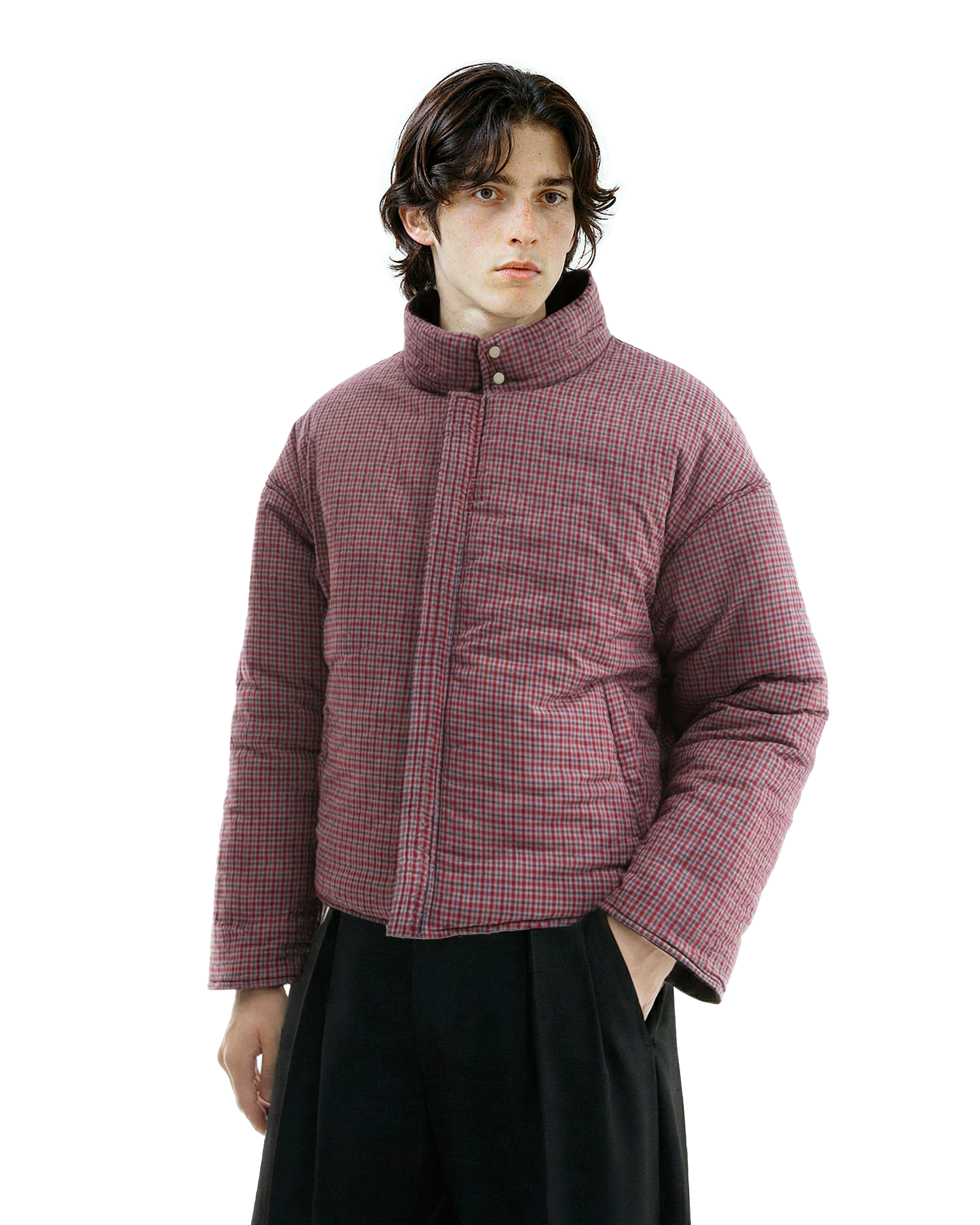 Wide High Collar Plaid Reversible Puffer Jacket-4