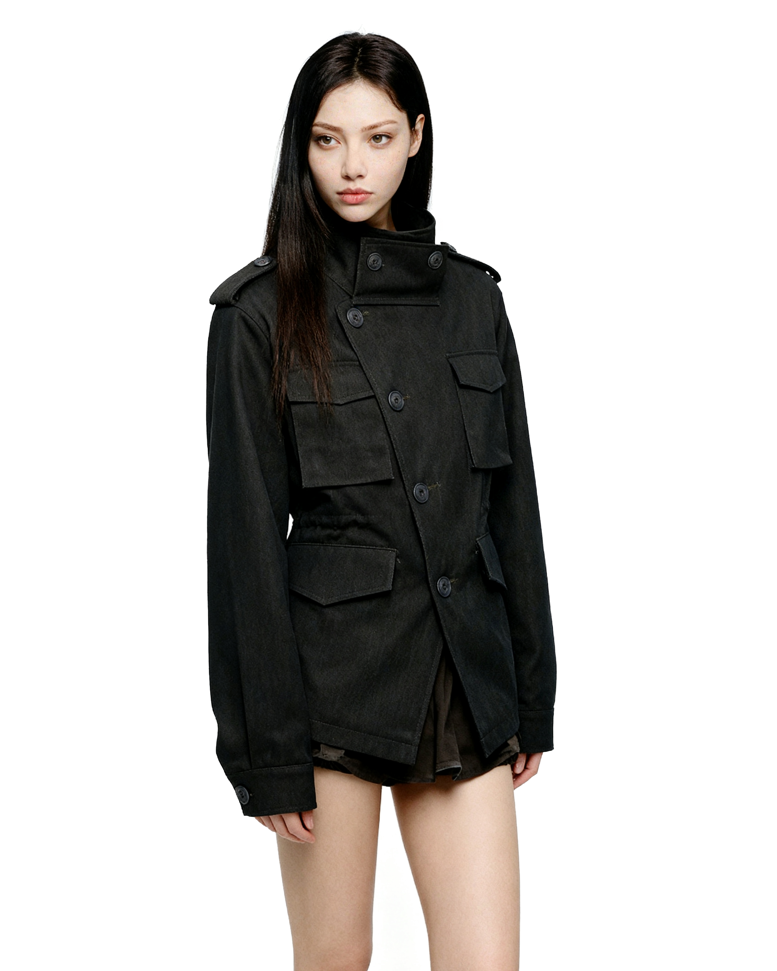 Asymmetric Overlap High-Collar Military Jacket-3