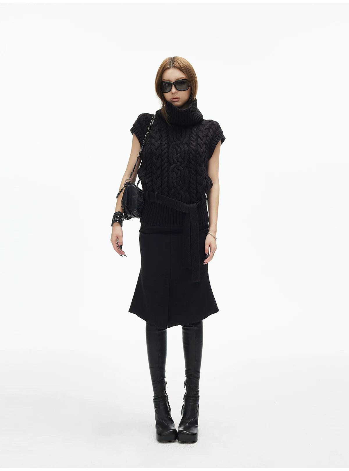 Cable Knit Turtleneck Sweater Vest with Belt - nightcity clothing