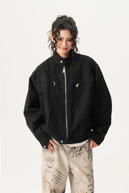High Collar Drop Shoulder Jacket with Zip Pocket Details