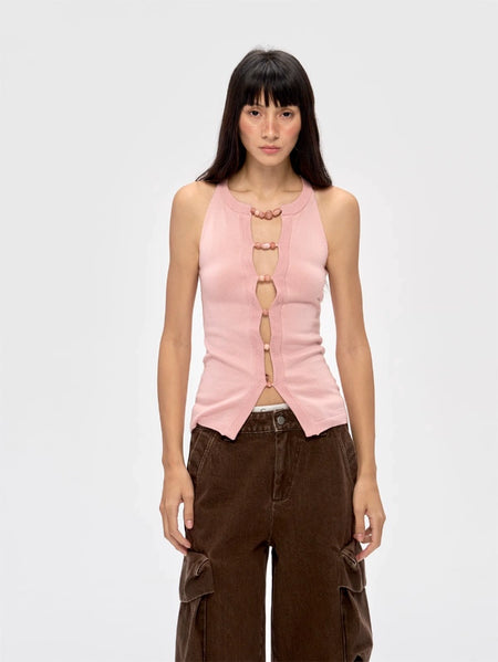 Sleeveless Knit Top with Front Bead Detail