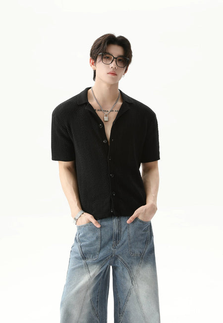 Cable Knit Button-Up Short Sleeve Shirt with Open Collar - nightcity clothing