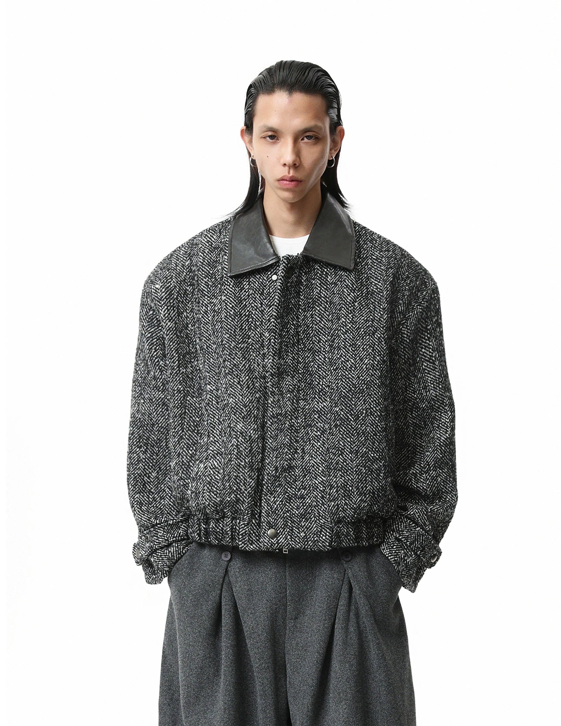 Boxy Herringbone Pattern Jacket with Detachable Faux Fur Collar - nightcity clothing