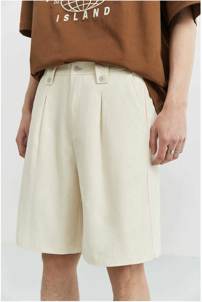 Wide-Leg Button-Detail Pleated Shorts