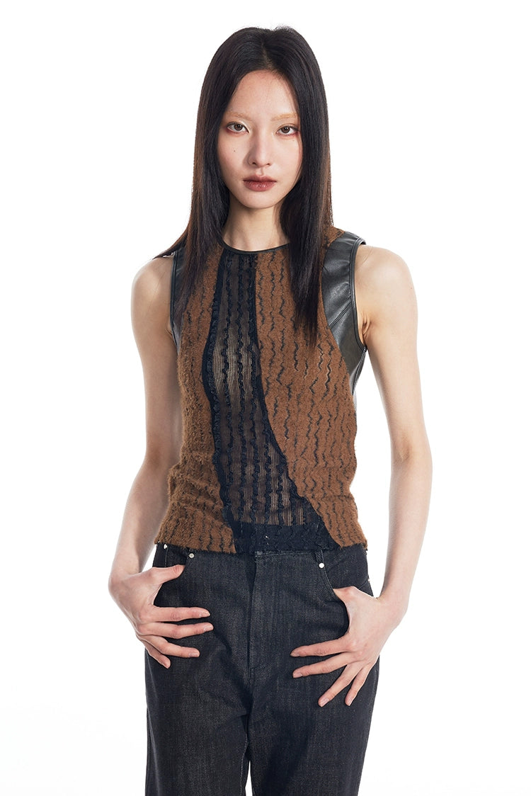 Sheer Lace Leather Patchwork Sleeveless Top