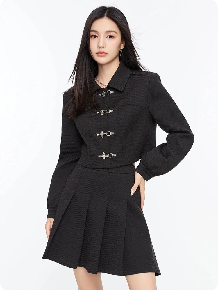 Boxy Collared Crop Jacket with Fireman Buckles and Mini Skirt Two-Piece Set