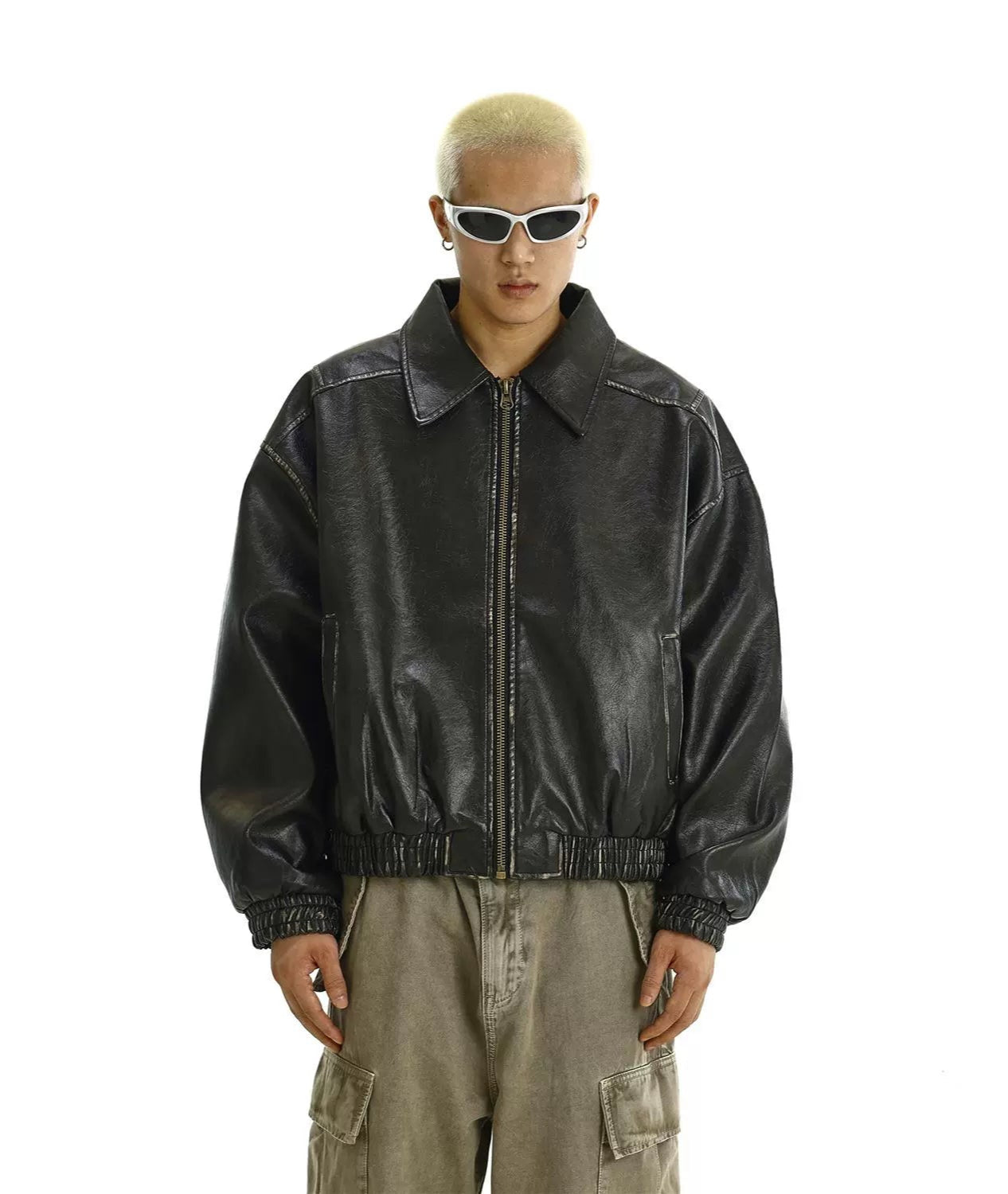 Oversized Faux Leather Vintage Zip Jacket with Elastic Cuffs and Hem