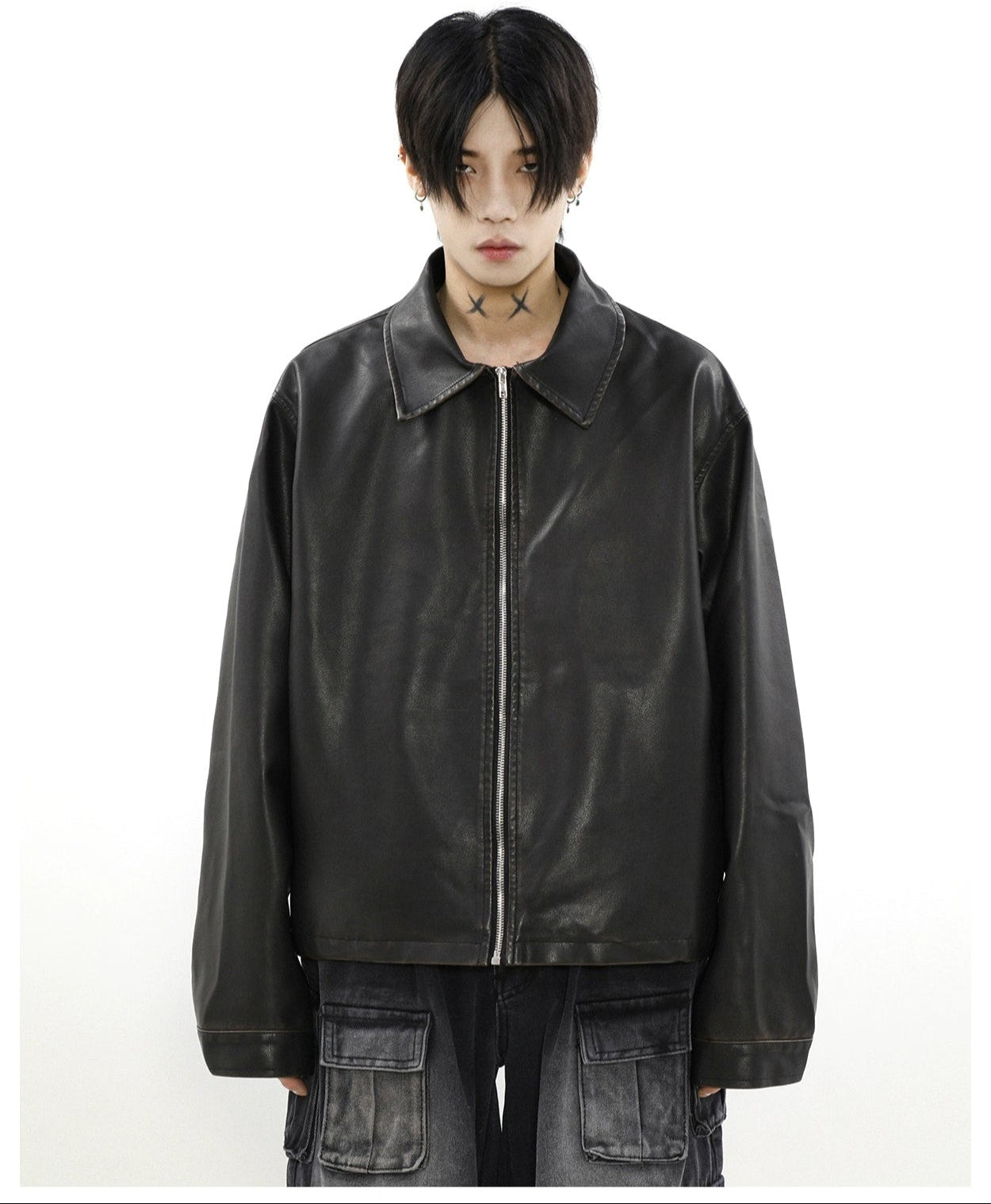 Oversized Faux Leather Collared Zip-Through Jacket