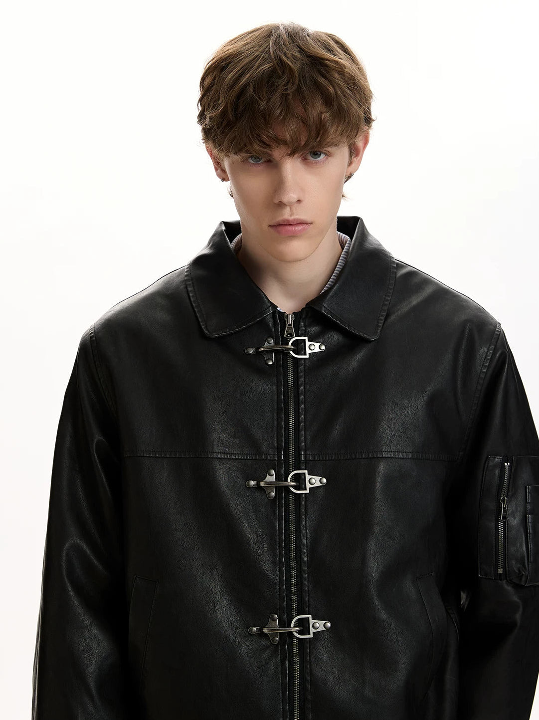 Faux Leather Fireman Buckle Zip Jacket with Sleeve Pocket