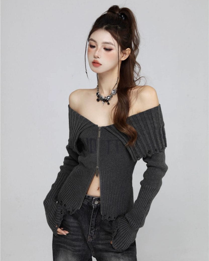Off-Shoulder Ribbed Knit Print ZIp Sweater - Main Image