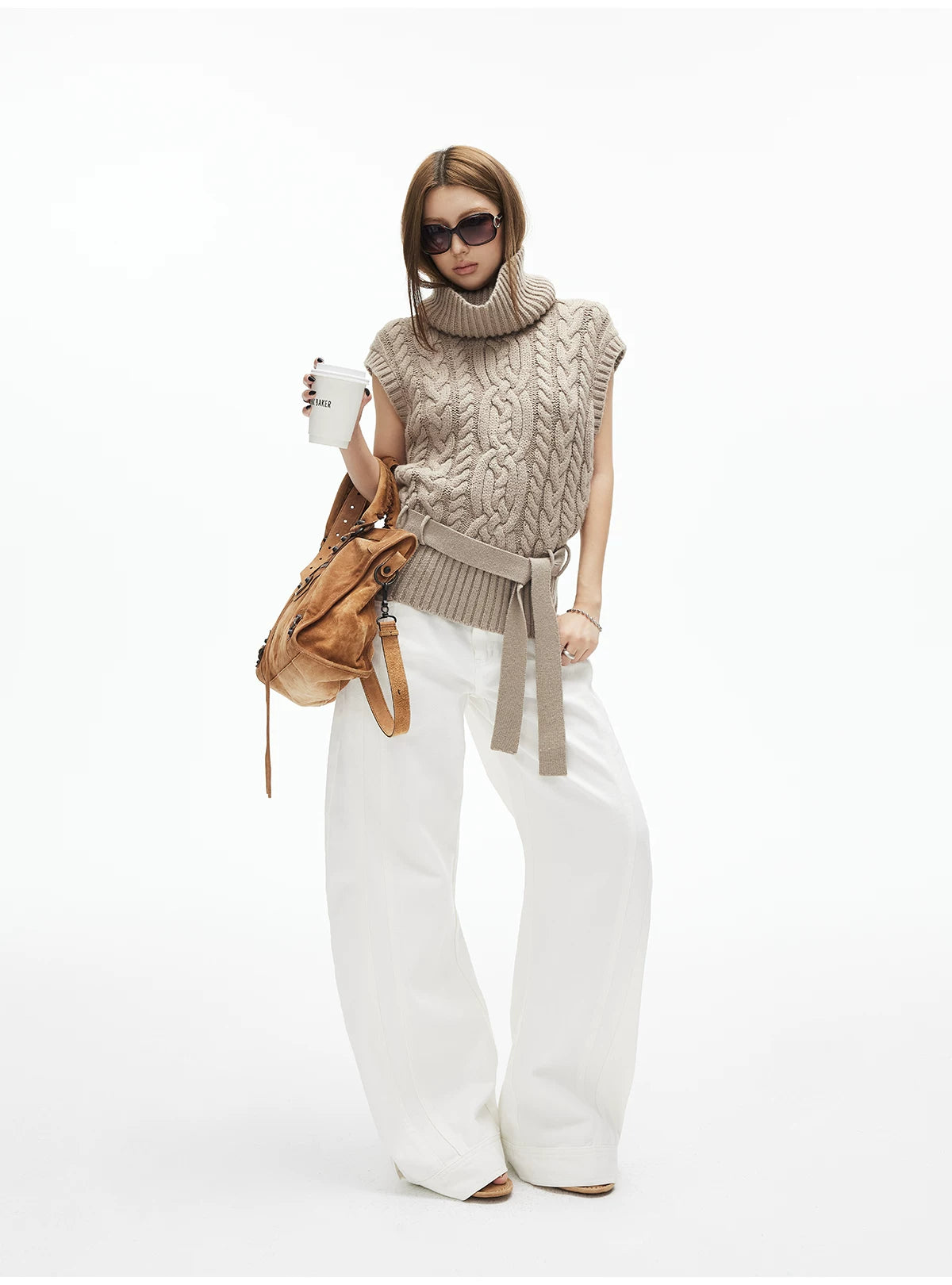 Cable Knit Turtleneck Sweater Vest with Belt - nightcity clothing