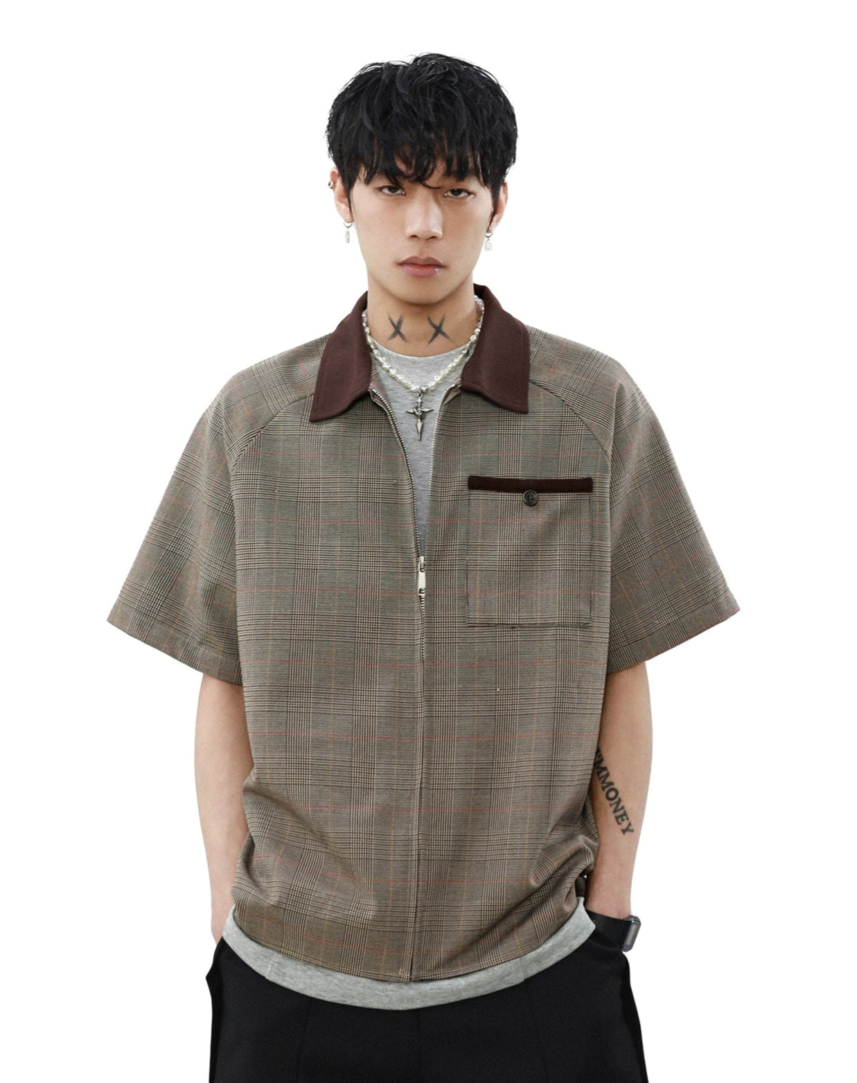 Contrast Collar Checker Short Sleeve Shirt with Chest Pocket