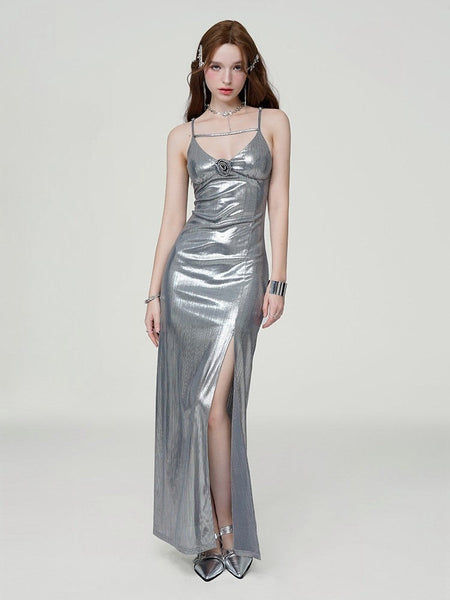 Metallic Sheen Slip Dress with Thigh-High Split – nightcity clothing