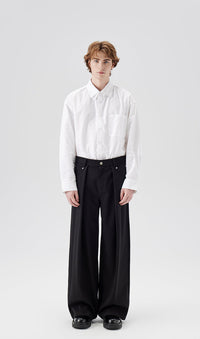 Wide Leg Pleated Trousers with Button Details